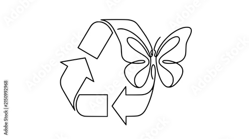 Continuous line drawing of recycle symbol combined with butterfly for sustainability concept