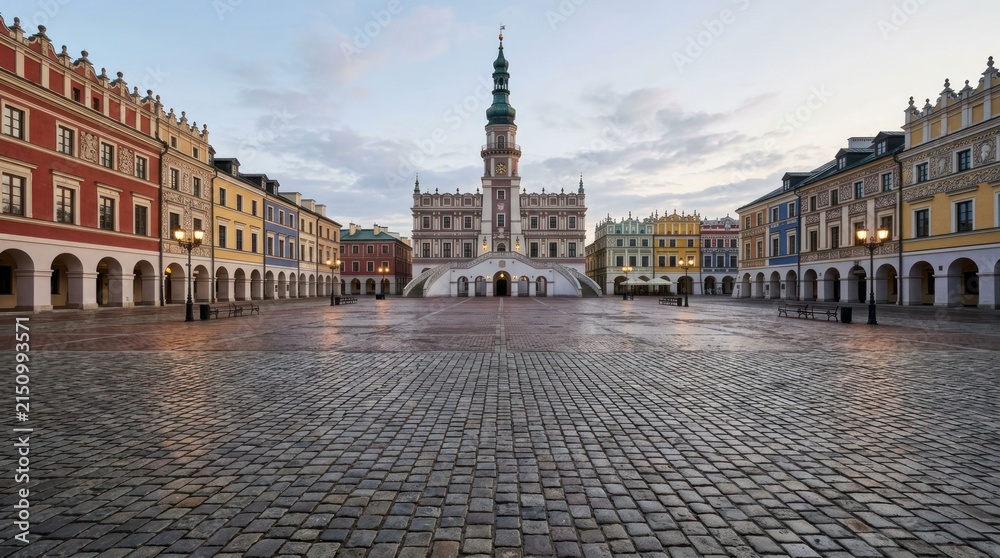 Fototapeta premium Historic Town Square with Colorful Buildings and Cobblestone Pavement.