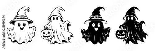 Cute Halloween Ghost Vector Set. Witch Hat and Pumpkin Lantern Illustration Collection