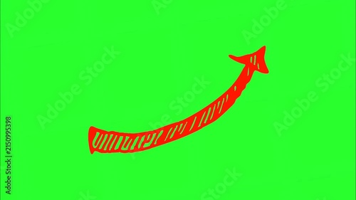 Curved red hand-drawn arrow pointing right on green screen direction sketch pointer chroma-key motion direction sketch pointer chroma-key motion