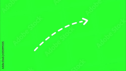 White dashed curved arrow pointing upwards on chroma key green background direction motion pointer indicator screen