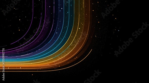 Black starry sky abstract background, colorful flowing light trails, twinkling four‑point stars, purple‑blue‑orange‑yellow gradient meteor, dreamy cosmic illustration