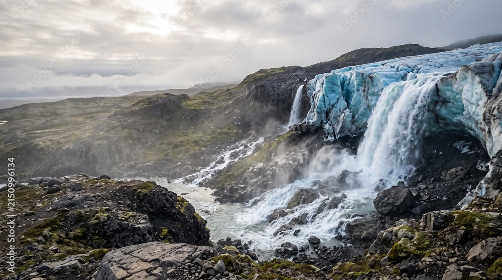 Fototapeta premium Glacier meltwater waterfall, blue ice pouring over dark rock, wide environmental landscape, dramatic mist and flowing water, horizontal copy space for climate campaigns