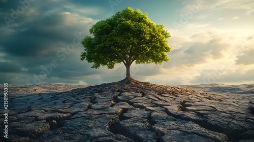 A lone vibrant tree stands resilient on cracked arid earth under dramatic sky, symbolizing survival amid environmental drought. Ideal for climate change, sustainability, or resilience themes.