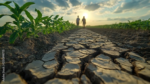 Farmers walk through cracked arid soil under a setting sun with wilting crops nearby symbolizing drought impact on farming communities, elegantly showcasing agriculture.