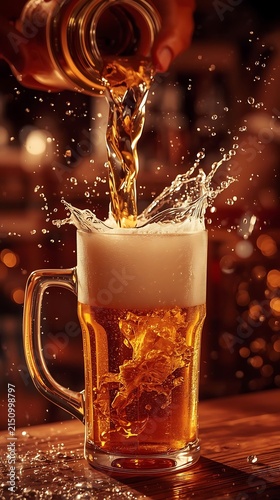 4K slow-motion beer pour with golden froth splash and bubbling foam in glass mug