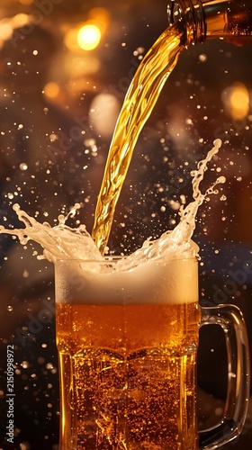 4K slow-motion beer pour with golden frothy splash in dimly lit festival mug