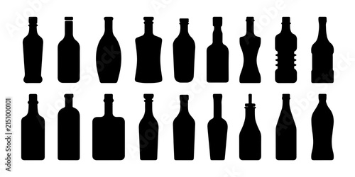 Alcohol bottle silhouettes set black minimal glass container shapes for beverage bar and restaurant design.