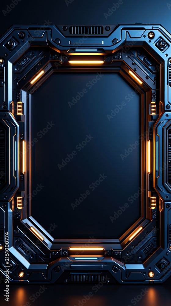 Fototapeta premium Vertical futuristic metallic frame with glowing blue and amber light accents and a large empty center for text or design.