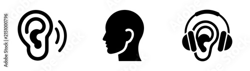 Three black icons representing hearing with sound waves, a profile, and headphones on white.