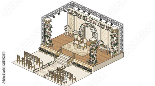 Elegant Wedding Ceremony Stage Setup with Floral Arch and Seating Arrangement Isometric View