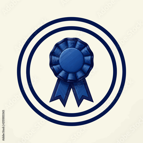 A blue ribbon award with a textured finish, enclosed in a double ring circle. The background is a light cream color