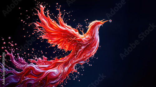 Flying phoenix bird crafted from liquid red paint splash on dark background