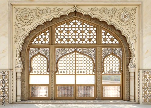 Mughal palace window featuring pointed arches, intricate stone jali screen, floral ornamentation, sandstone and ivory architectural elements