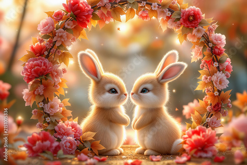 Two cute stylized rabbits sitting inside floral wreath arch of red flowers and autumn leaves.