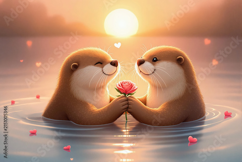 Two otters holding a pink rose floating in calm water at sunset with hearts concept of love and romance