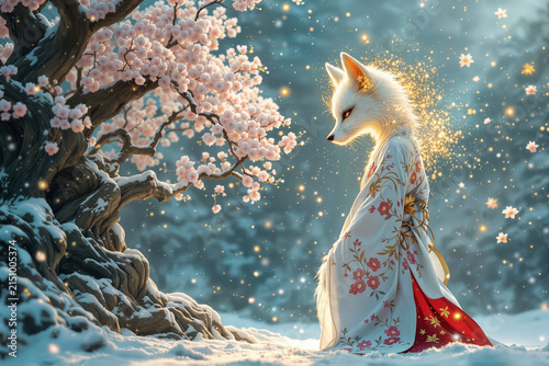 White fox wearing floral kimono standing in snow under blooming cherry blossom tree with magic light