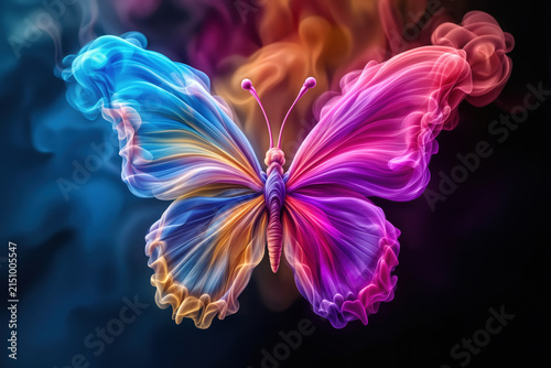 Colorful butterfly formed from vibrant blue pink and orange smoke trails on dark background