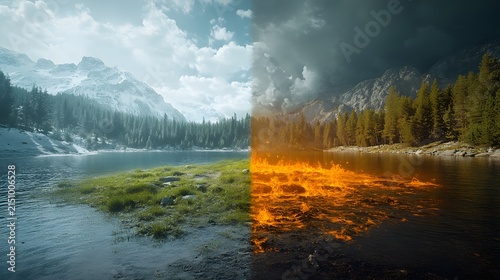 Split screen image contrasting pristine natural landscape with fiery destruction symbolizing climate change impact. Visual metaphor for ecological balance disruption.