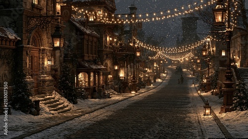 Cozy street illuminated by warm lights during a snowy evening.