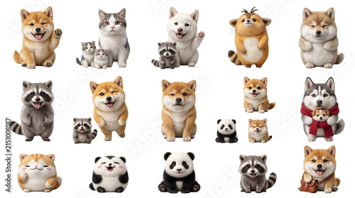 Collection of 3D realistic cute animal character figure standing and waving. Cute pet set on transparent background.