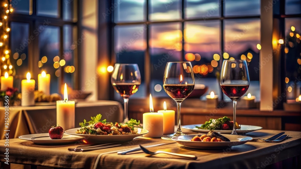 Naklejka premium Mesa parada en un restaurante tranquilo y rom ntico cena rom ntica copas de vino vac as