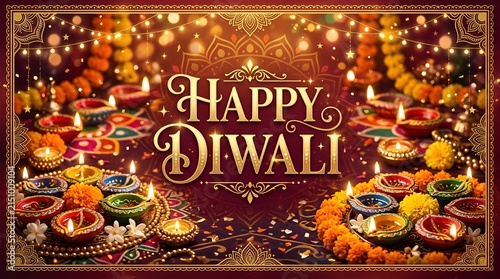 Happy Diwali festival lights, oil lamps, marigolds, and rangoli pattern background