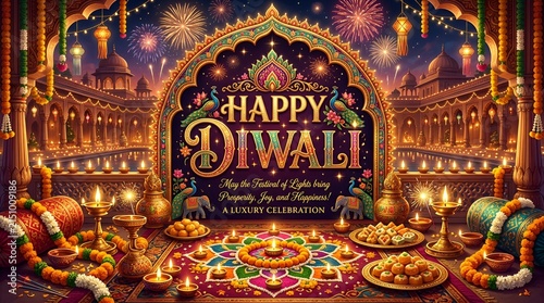 Happy Diwali Festival of Lights Celebration with Fireworks and Diyas