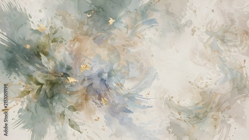 Abstract watercolor background with soft sage green, dusty blue, and gold foil accents