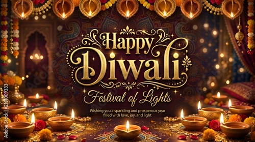 Happy Diwali Festival of Lights greeting card with oil lamps and decoration