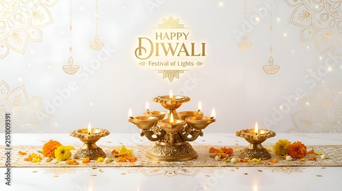 Happy Diwali Festival of Lights with traditional diya lamps and marigold flowers
