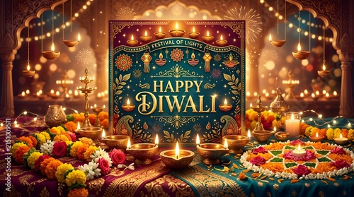 Happy Diwali festival of lights, traditional diyas, marigold garlands, colorful rangoli