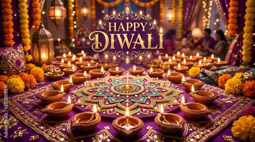 Happy Diwali Festival of Lights,lamps arranged on intricately decorated table
