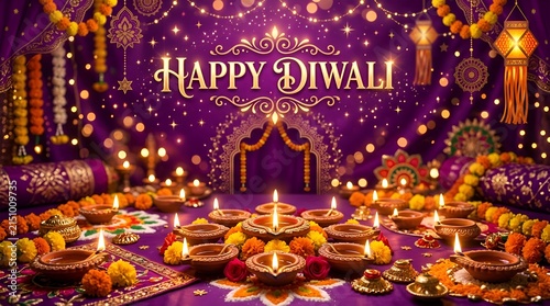 Happy Diwali Festive Background with Lamps and Flowers