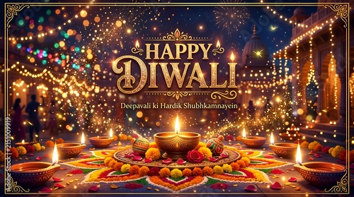 Happy Diwali Festive Greeting with Diyas and Rangoli Sparkle Celebration