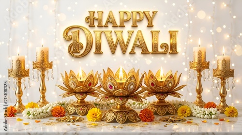 Happy Diwali Golden Decorations, Candles, Lotus Lamps, Flowers, Bokeh Lights