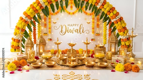 Happy Diwali: Golden Lamps Lit Amidst Marigold Flower Garland Decor