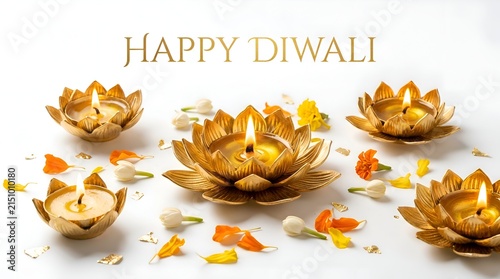 Happy Diwali golden lotus diya candles with flower petals on white background