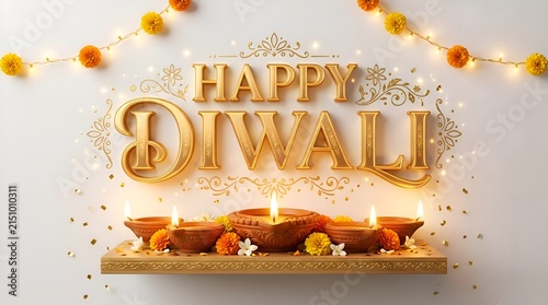 Happy Diwali Golden Text with Clay Diyas and Marigold Garland Decoration