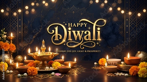 Happy Diwali Golden Text Illuminated Lamps Festive Background