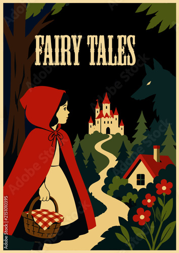 096-46-Little red riding hood carrying a basket walking towards a castle in a forest with a wolf