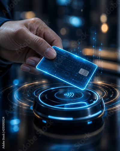Person holding credit card over contactless payment terminal with holographic