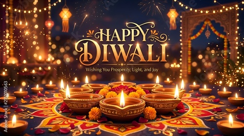 Happy Diwali Illuminated by Diyas and Festive Lights