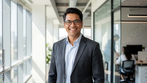 smiling diverse businessman in modern office setting portrait natural daylight approachable professional headshot copyspace space