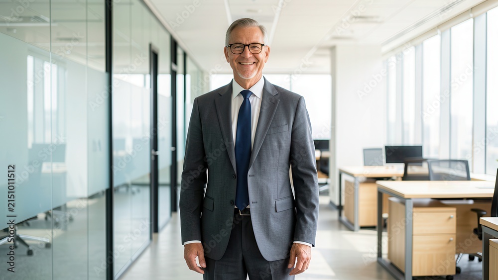 Fototapeta premium confident smiling diverse businessman in bright modern open office for corporate success and professional lifestyle marketing