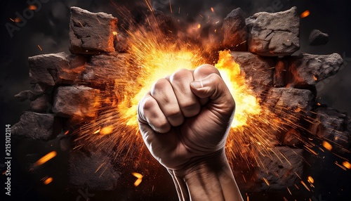 powerful fist punching through a stone wall with fire and sparks