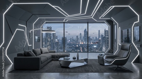 Futuristic living room with city view.