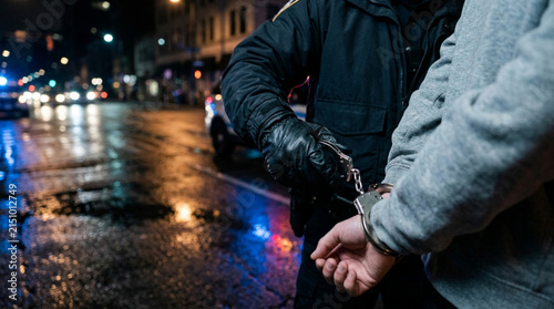 Police officer arresting suspect with handcuffs on wet city street at night