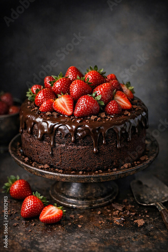 Decorative chocolate cake, drizzled with chocolate sauce and garnished with fresh strawberries.