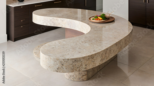 Organic Curved Beige Marble Countertop Detail in Modern Kitchen